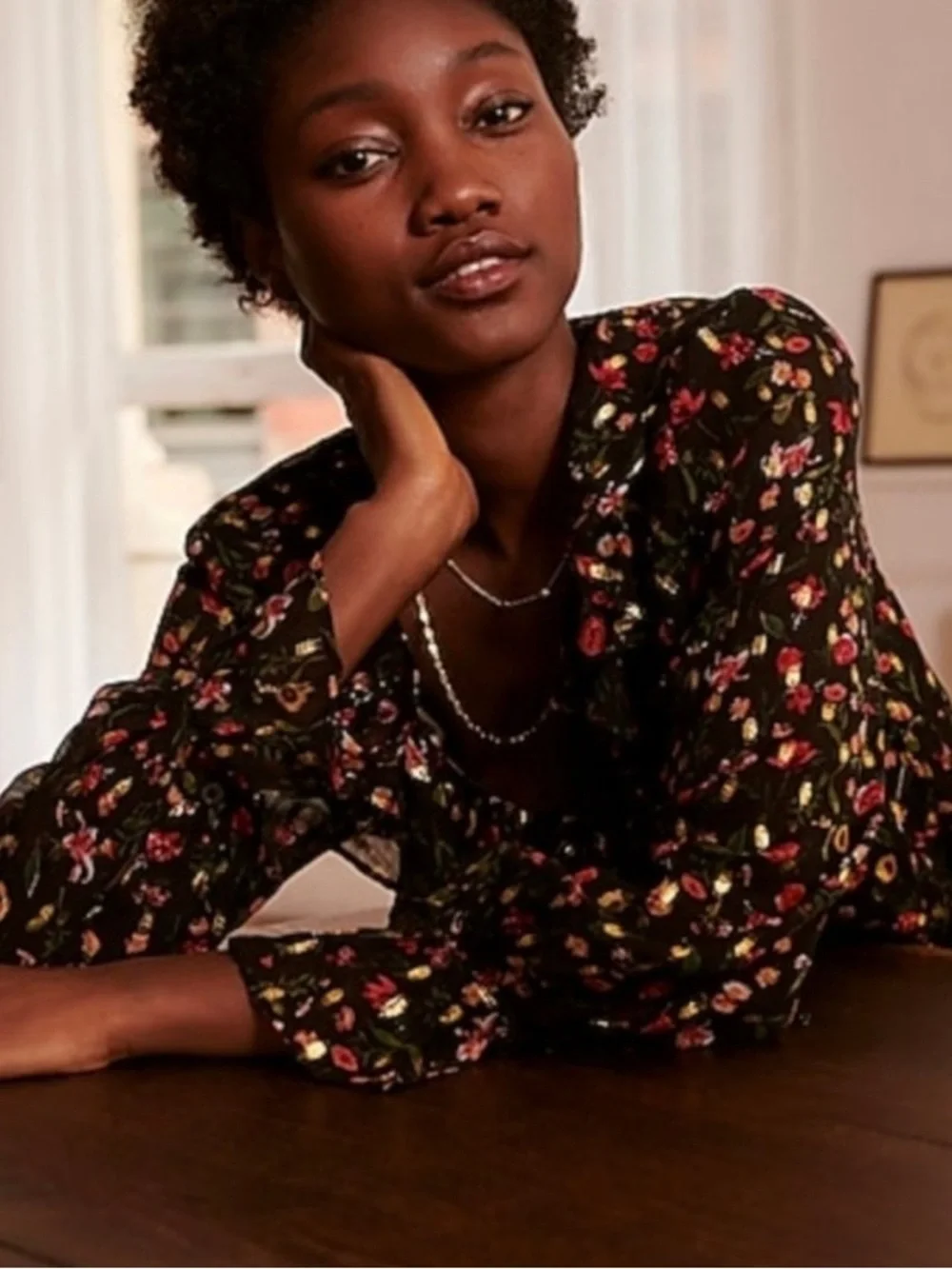 J. Crew Black Sheer Floral Ruffle-Neck Blouse